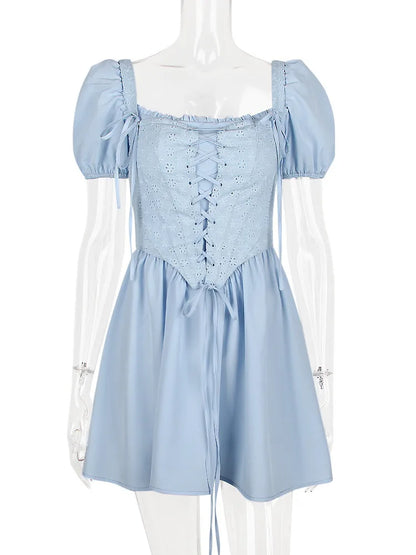 Short Puff Sleeve Mini Dress Square Collar Backless A-line Pleated Club Party Dress