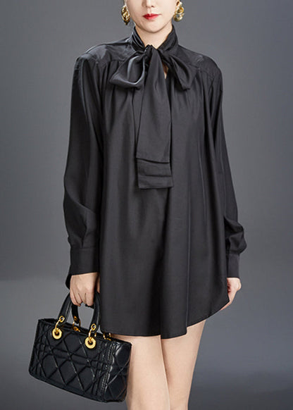 Stylish Black Bow Cotton Fall Blouses Aj1014