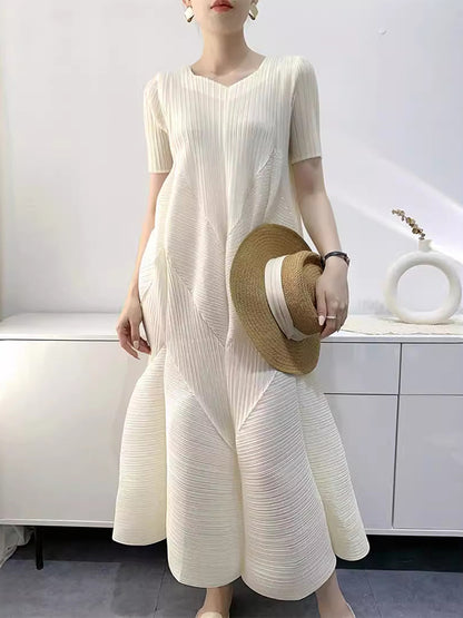 Loose Short Sleeves Pleated Color Split-joint V-neck Midi Dresses