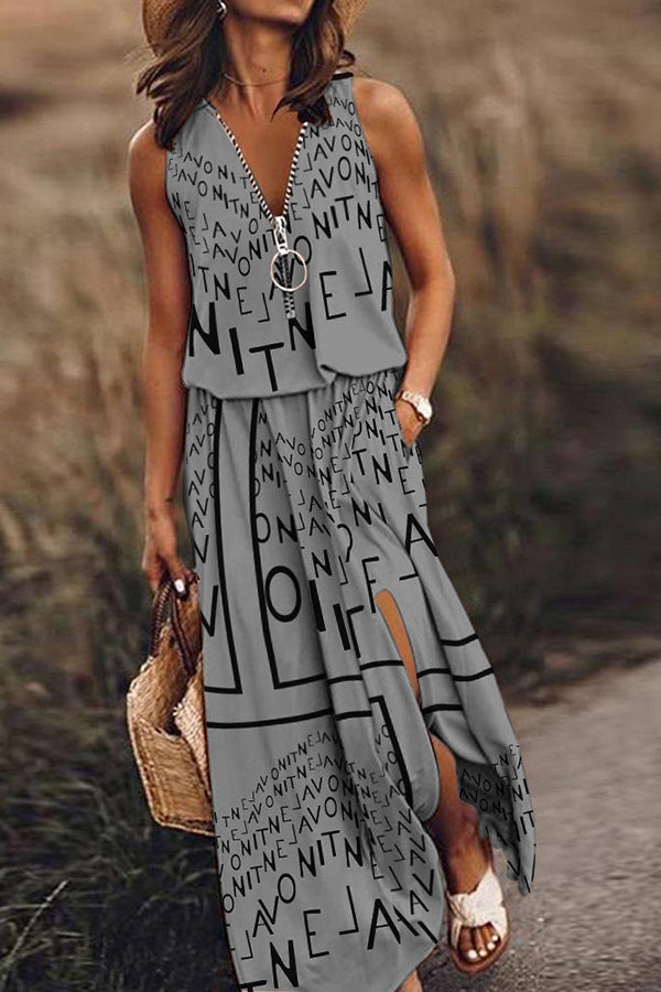 Modern Letter Print Zipper Neck Daily/vacation Maxi Dress