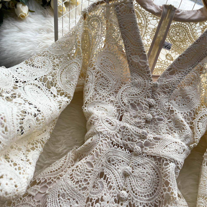 Classy Apricot V-neck Hollow Out Lace Buttoned Long Puff Sleeve Maxi Dress