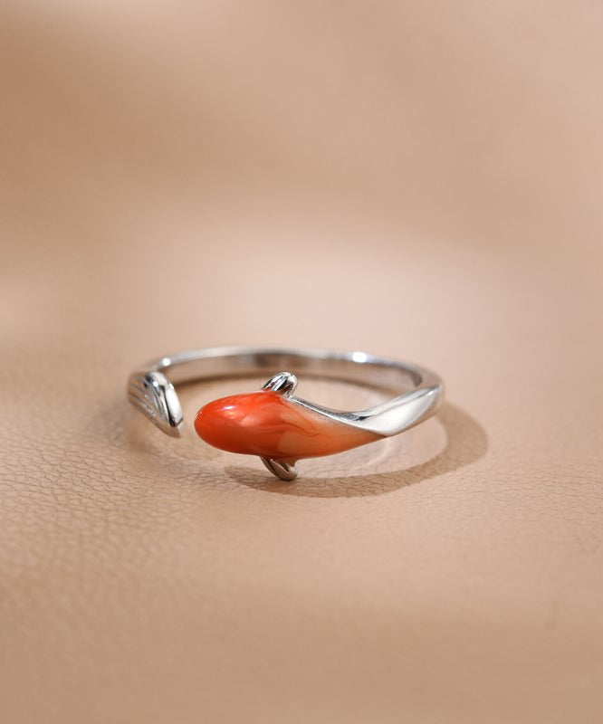 Red Sterling Silver Brocaded Carp Open Rings