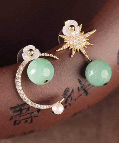 Light Green Sterling Silver Zircon Shell Flower Pearl Hoop Earrings