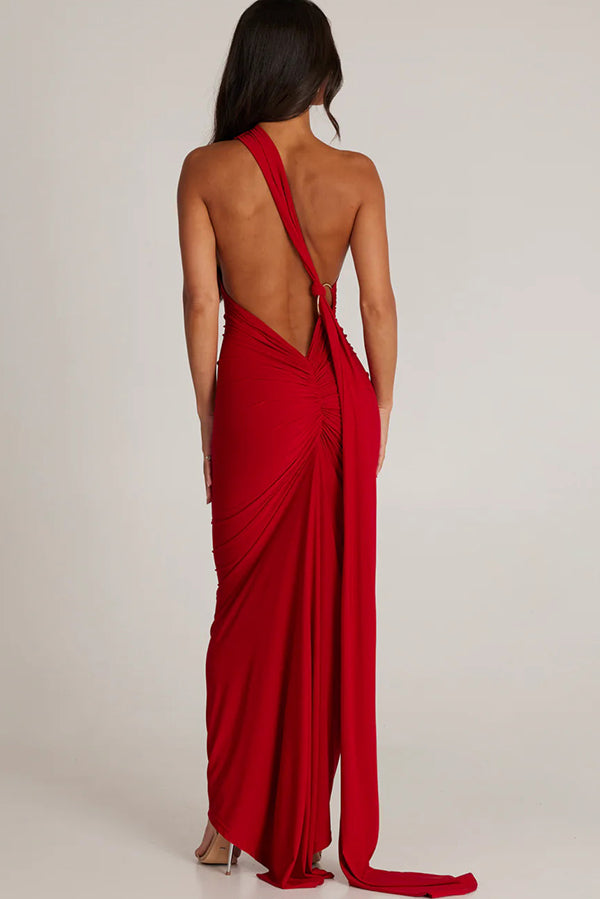 Backless Pleated Slim Color Sleeveless Maxi Dress