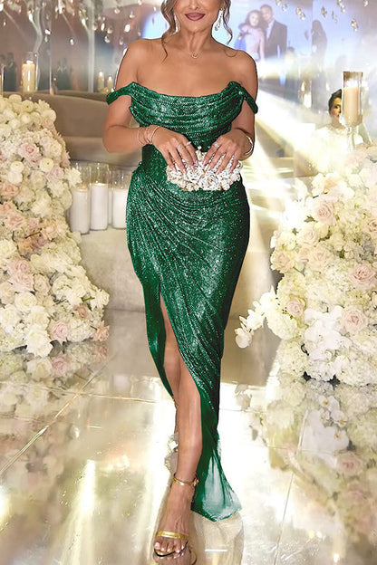 Party With Passion Glitter Fabric Off Shoulder Ruched Slit Maxi Dress