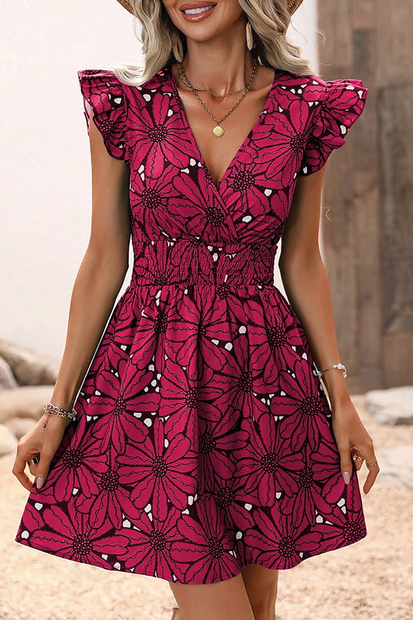 Wonderful Weekend Print Ruffle Sleeve Elastic Waist Mini Dress
