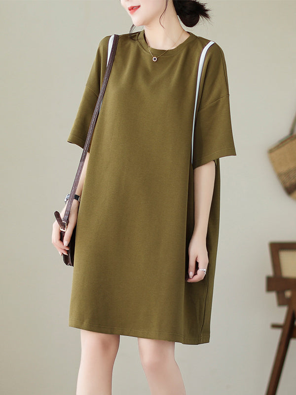 Loose Short Sleeves Split-joint Round-neck Mini Dresses
