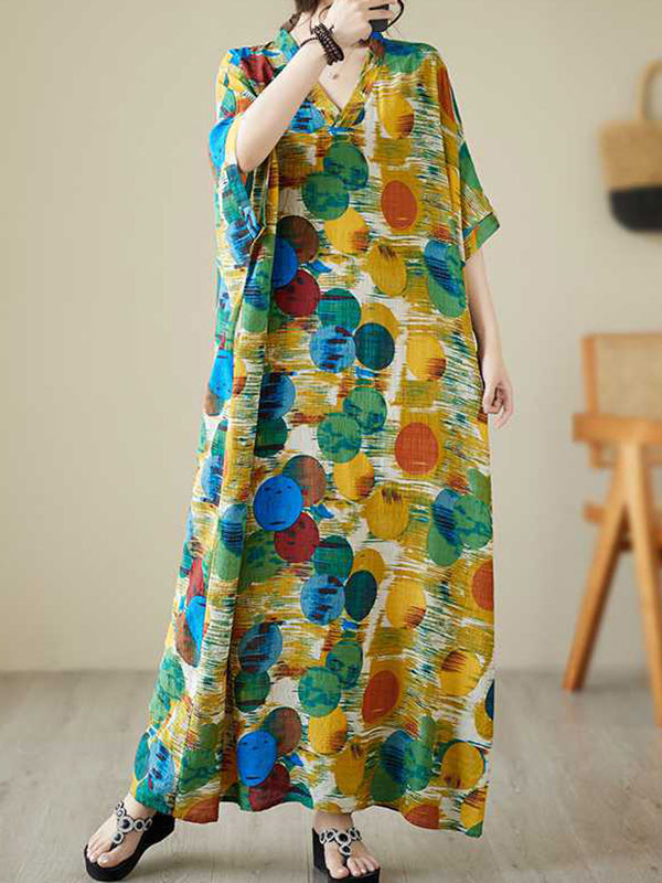 Batwing Sleeves Half Sleeves Contrast Color Polka-dot V-neck Maxi Dresses