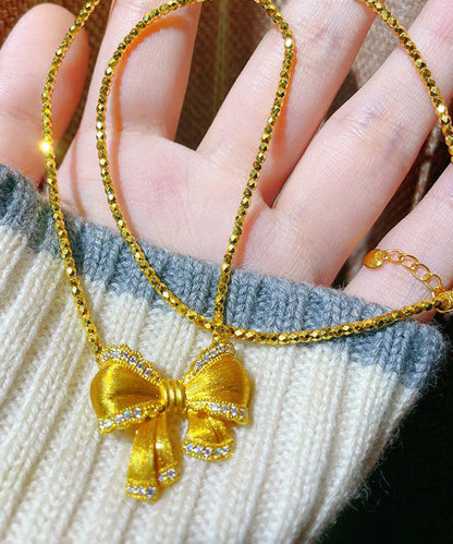 Gold Bow Zircon Pendant Necklace