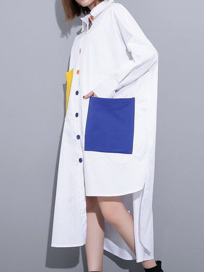 Long Sleeves Loose Asymmetric Buttoned Contrast Color Pockets Lapel Midi Dresses Shirt Dress