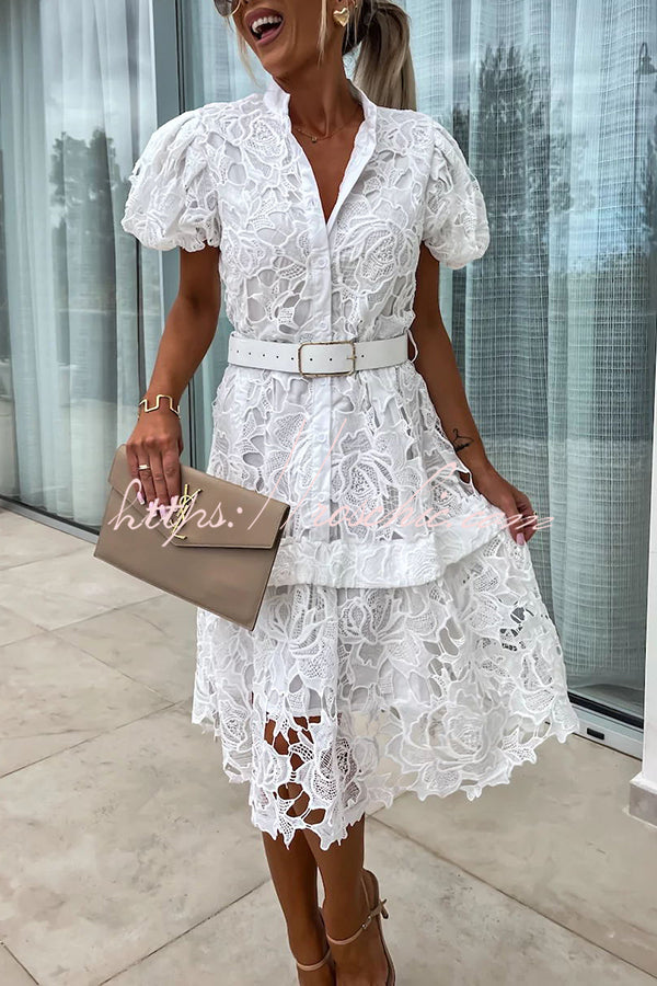 Absolutely Crochet Lace Puff Sleeve Belted Shirt Midi Dress