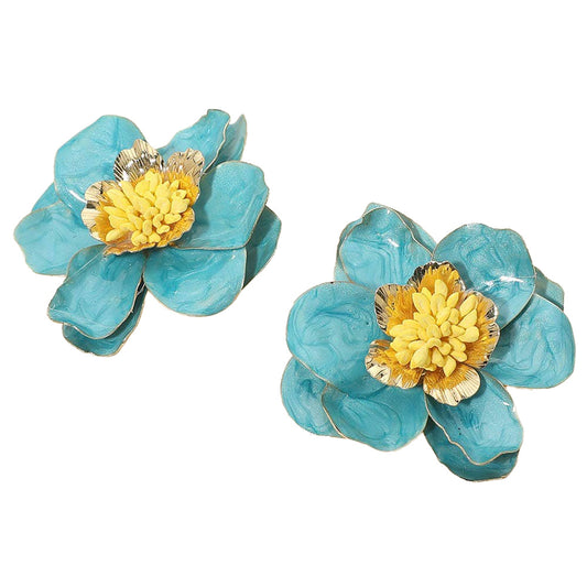 Bold Enamel Flower Statement Earrings: Blue,gold