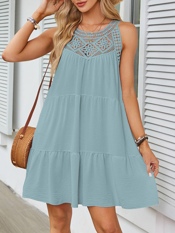Loose Sleeveless Hollow Pleated Color Split-joint Round-neck Mini Dresses