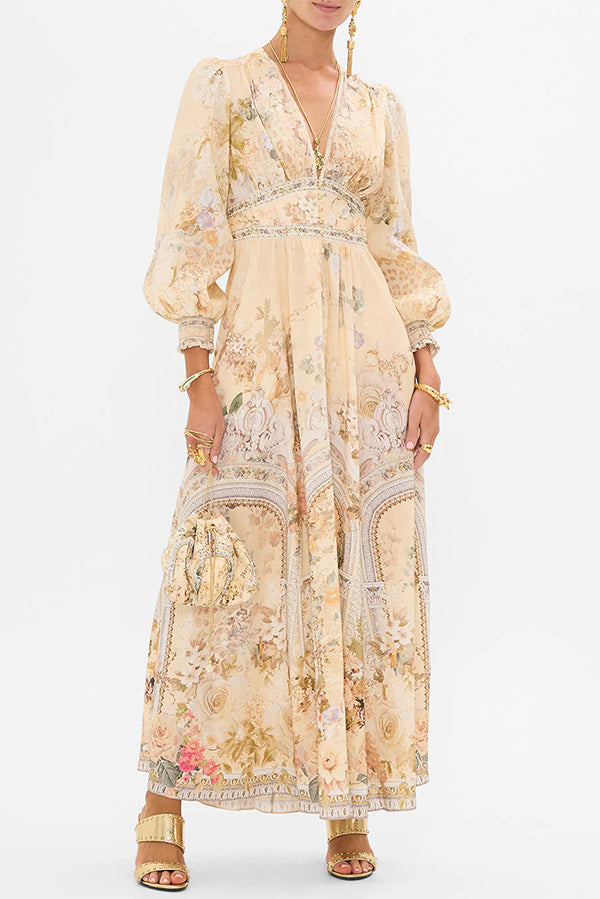 Fairy Tale Print V-neck Lantern Sleeve Waist Maxi Dress