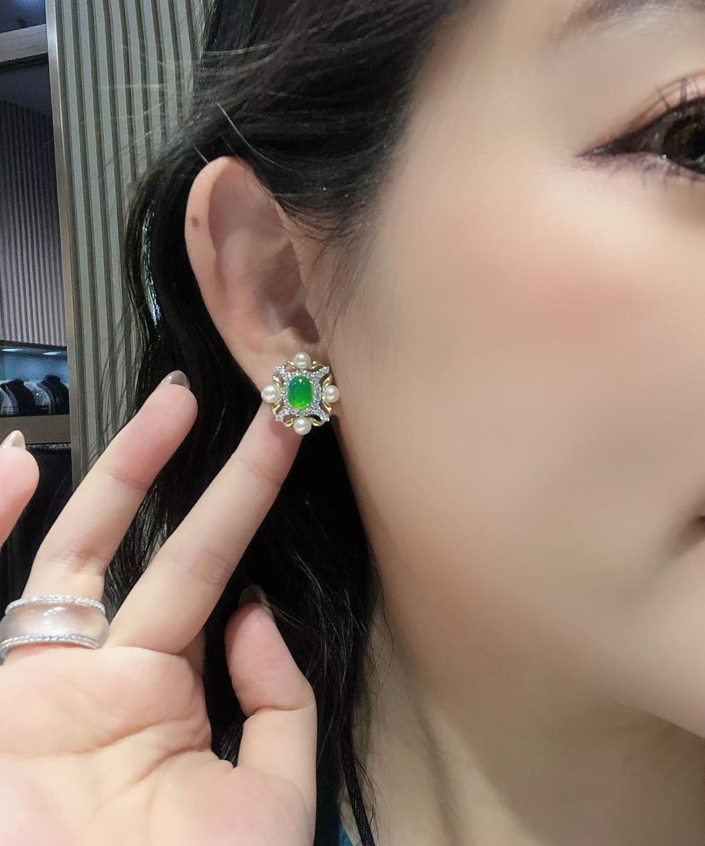 Green Sterling Silver Overgild Zircon Jade Pearl Stud Earrings