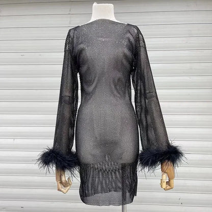 Weave Shiny Rhinestone Mini Dress See Through Cover-up Dresses Loose Club Dress