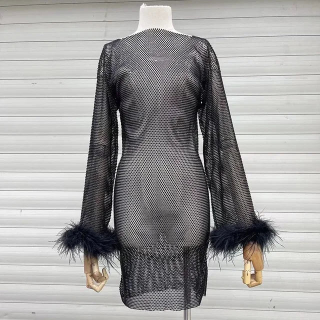 Weave Shiny Rhinestone Mini Dress See Through Cover-up Dresses Loose Club Dress