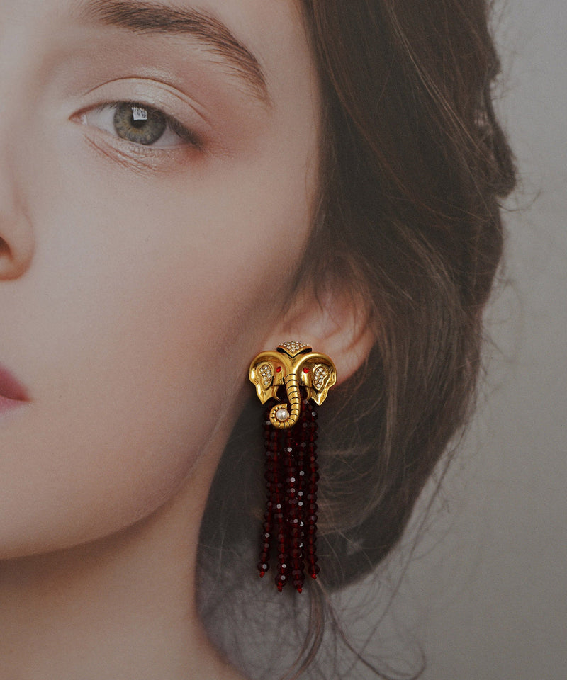 Red Copper 14k Gold Elephant Pearl Tassel Drop Earrings