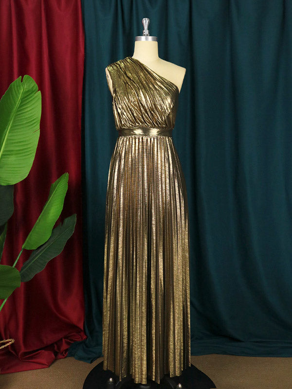 High Waisted Loose Asymmetric Pleated Shiny Color One-shoulder Maxi Dresses