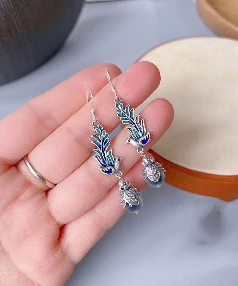 Blue Sterling Silver Cloisonne Enamel Phoenix Drop Earrings
