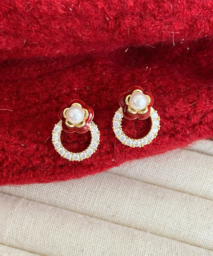 Red Copper Alloy Zircon Camellia Flower Stud Earrings