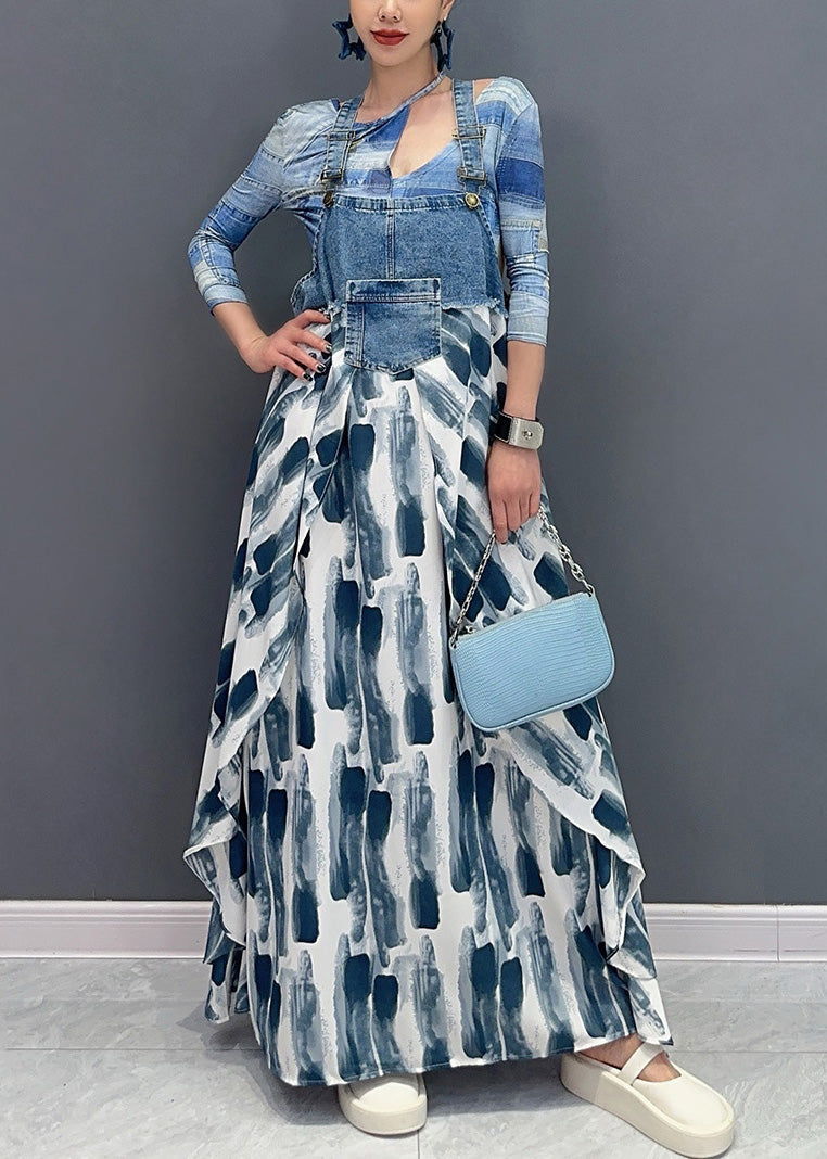 Art Blue Print Pockets Patchwork Long Dress Sleeveless Ar1034