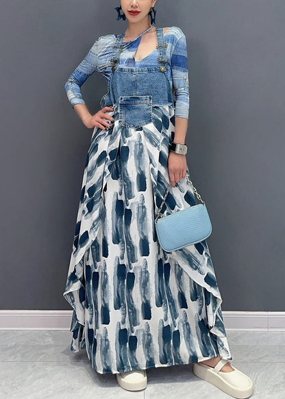 Art Blue Print Pockets Patchwork Long Dress Sleeveless Ar1034