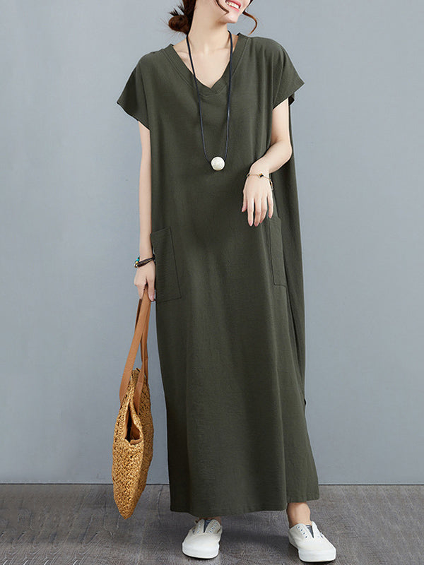 Simple Ramie Cotton Color Split-side With Pocket V-neck Short Sleeves Maxi Dress