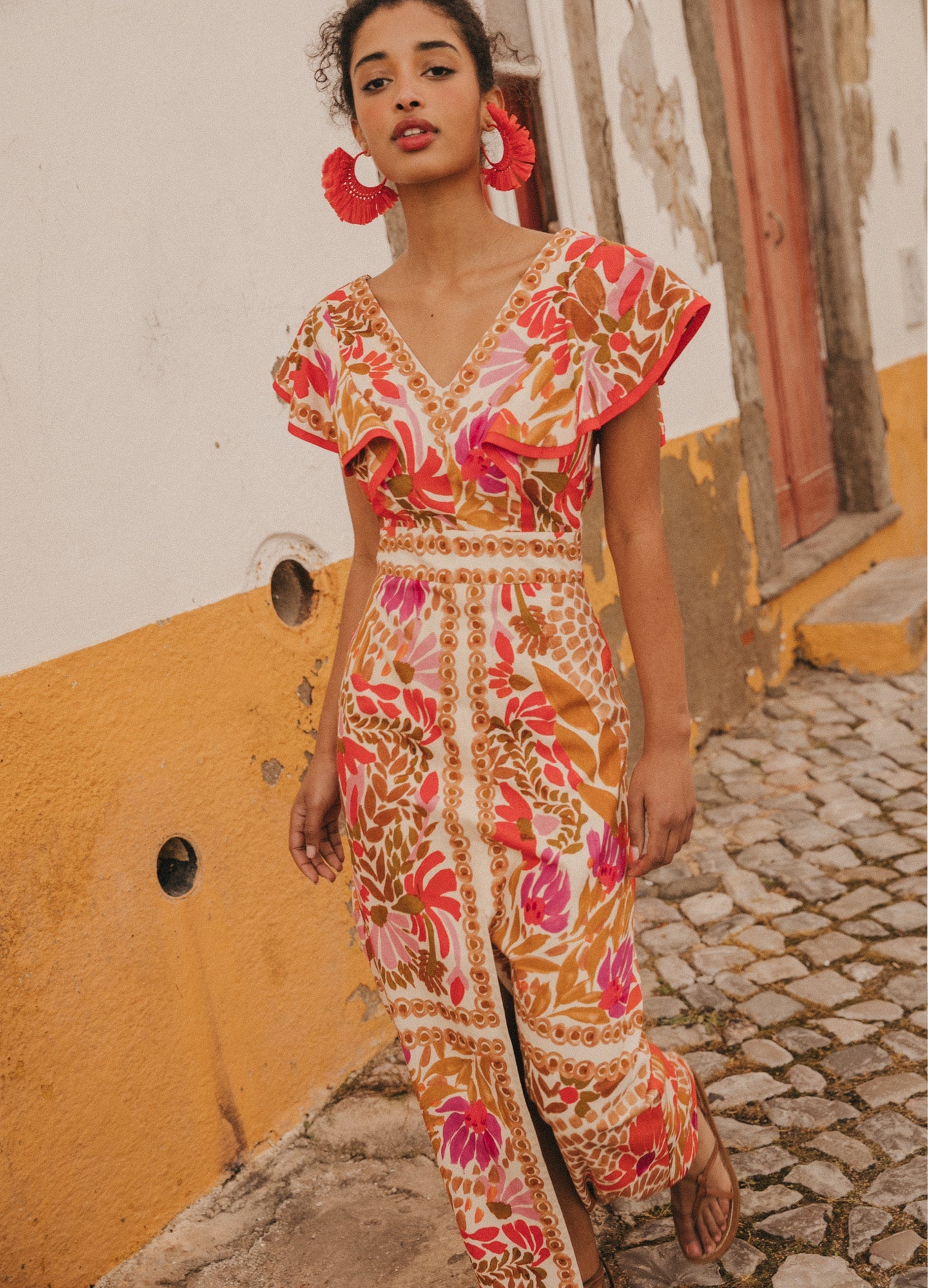 V-neck Ruffled Print Slit Long Dress
