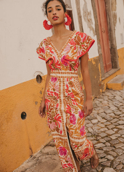 V-neck Ruffled Print Slit Long Dress