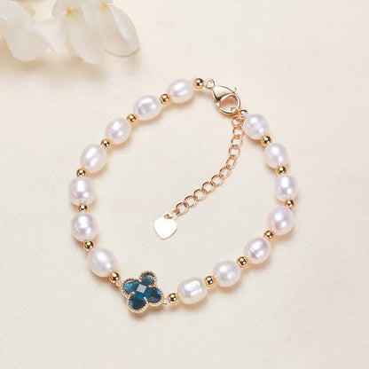 Buddha Stones Pearl Four Leaf Clover Wealth Chain Bracelet