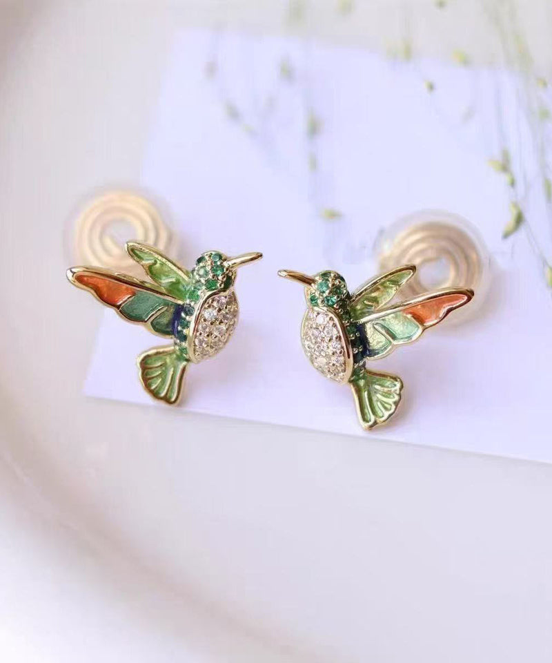 Green Copper Alloy Zircon Enamel Drop Glaze Little Brid Stud Earrings