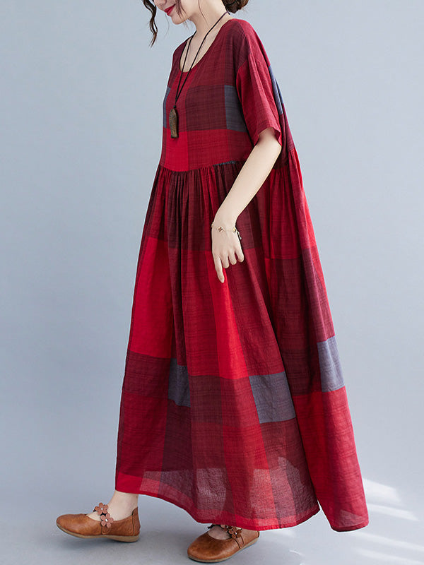 Artistic Retro Loose Color-block Pleated Round-neck Half Sleeves Midi Dress