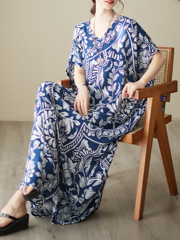 Loose Short Sleeves Printed V-neck Maxi Dresses