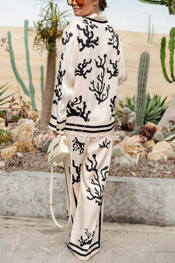 From Desk to Dinner Satin Unique Print Button Down Oversized Blouse