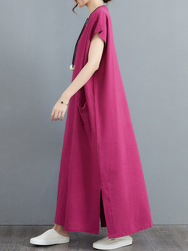 Simple Ramie Cotton Color Split-side With Pocket V-neck Short Sleeves Maxi Dress