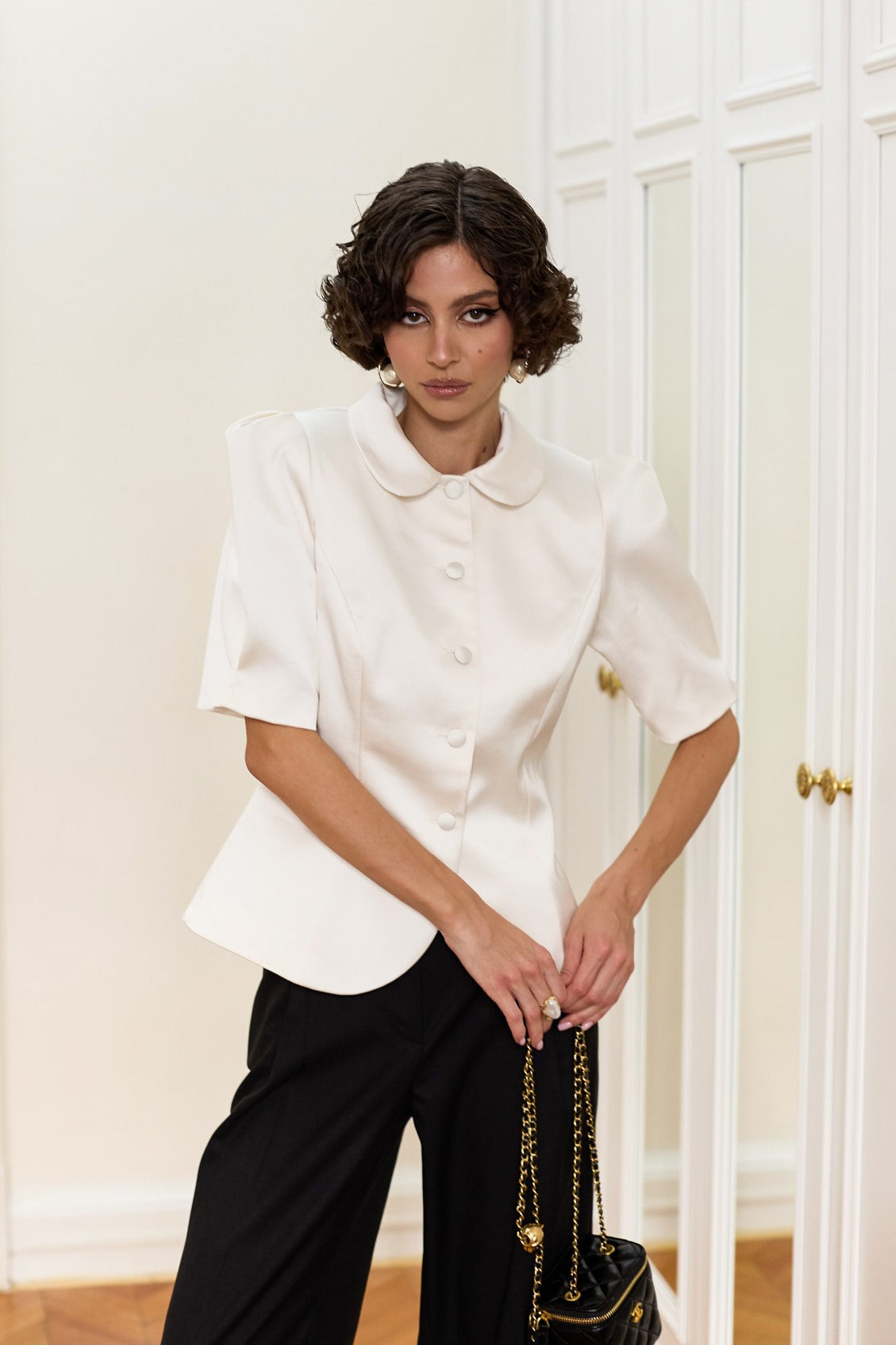 Tie Waist Puff Sleeve Slim Blouse