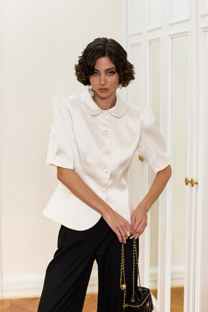 Tie Waist Puff Sleeve Slim Blouse