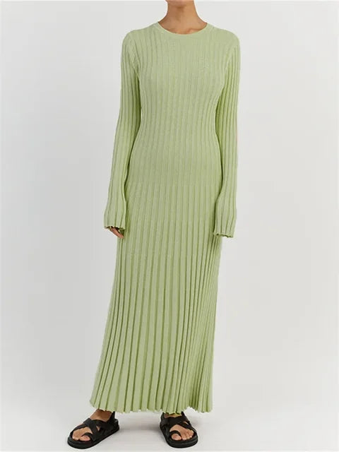 Lace-up Female Knit Maxi Dress – Autumn High Waist Patchwork Long Sleeve Bandage Knitwear Dress