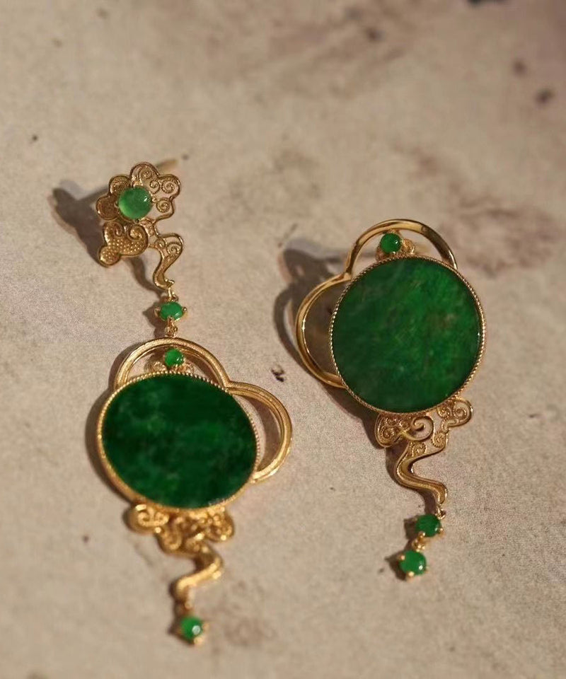 Boutique Retro Green Jade Patchwork 14k Drop Earrings