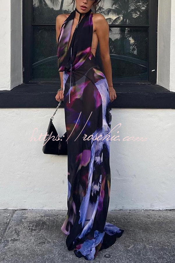 Bold and Tie-dye Abstract Halter Drape Neck Backless Maxi Dress