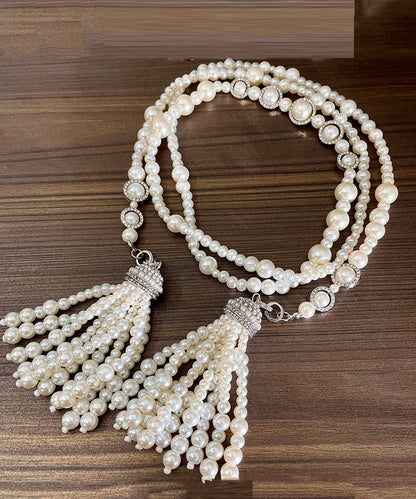 White Sterling Silver Zircon Double Layer Pearl Tassel Gratuated Bead Necklace