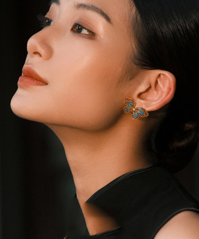 Gold Sterling Silver Overgild Butterfly Pearl Hollow Out Stud Earrings