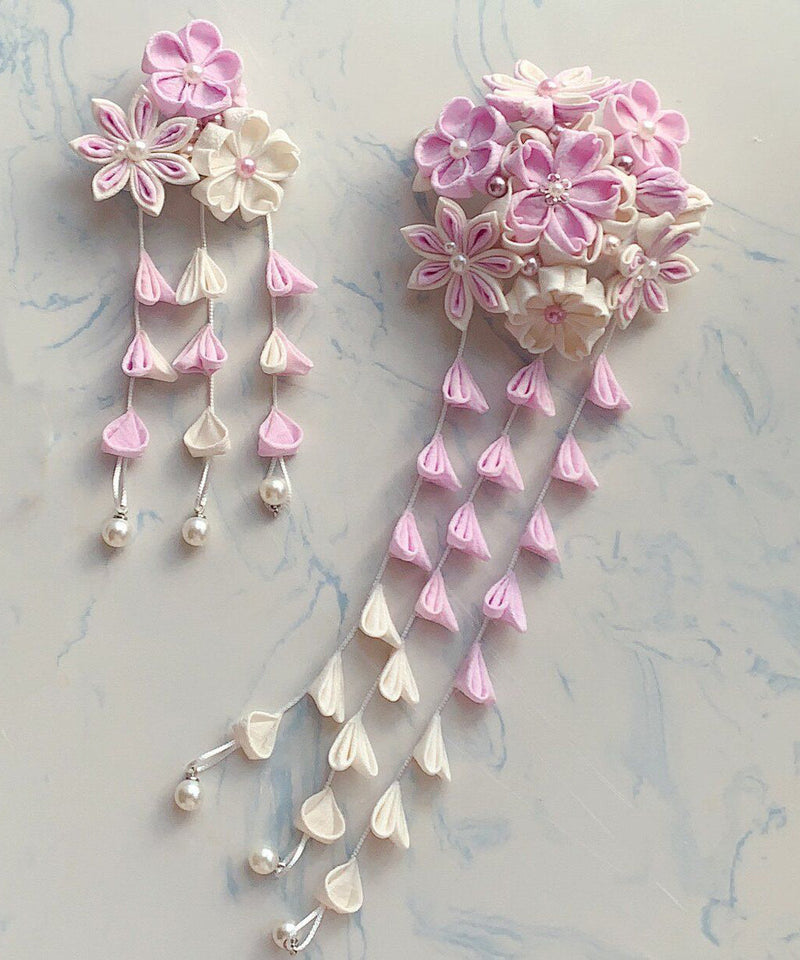 Pink Alloy Pearl Cherry Blossom Tassel Two-piece Set Hairpin