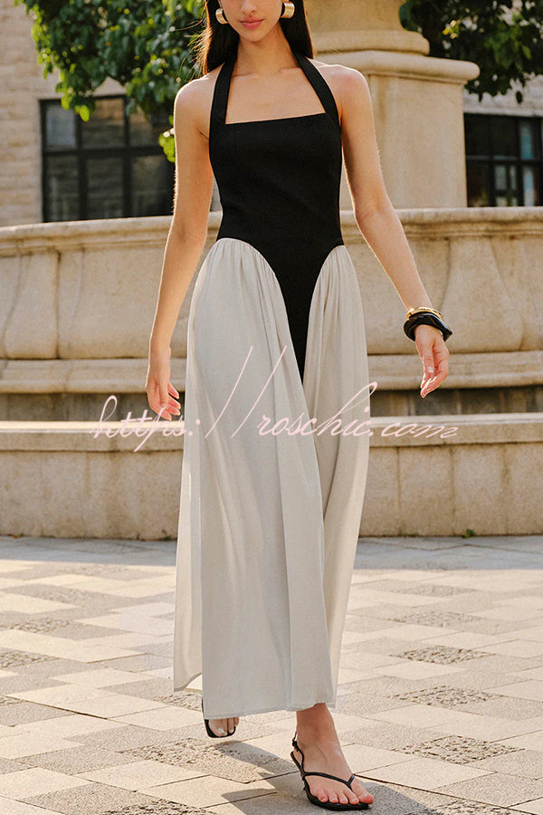 Contrast Color Stitching Sleeveless Backless Slim Maxi Dress