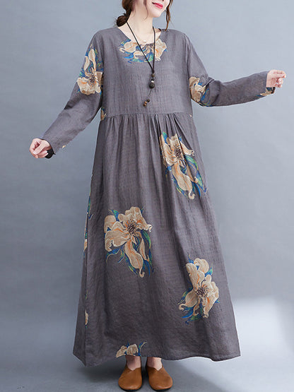 Loose Pleated Flower Printed Round-neck Long Sleeves Maxi Dress