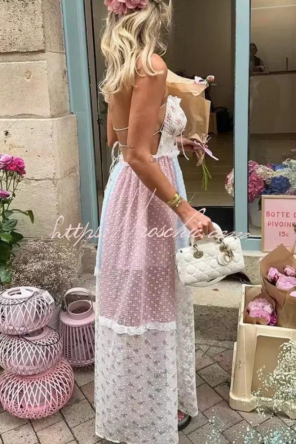 Lace Halterneck Backless Patchwork Maxi Dress