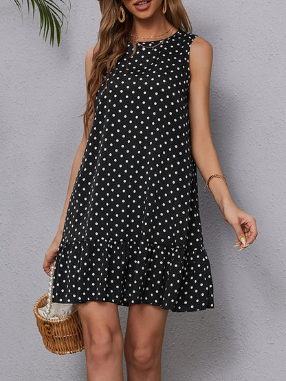 A-line High Waisted Pleated Polka-dot Split-joint Round-neck Mini Dresses