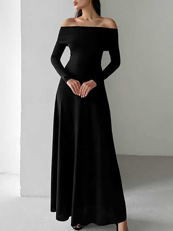 High Waisted Long Sleeves Color Off-the-shoulder Maxi Dresses