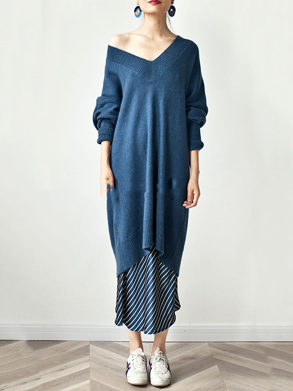 Stylish Loose Camel V-neck Long Sleeve Sweater Dress Qx006